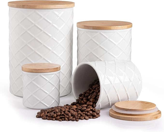 Sweejar Ceramic Canisters Sets for Kitchen Countertop, Relief Food Storage Jar with Bamboo Lid, Stackable Container for Flour, Coffee, Pasta, Cereal, Tea, Cookies, Sugar, Spices, Pack of 4 (White)-Ruum Studio Home