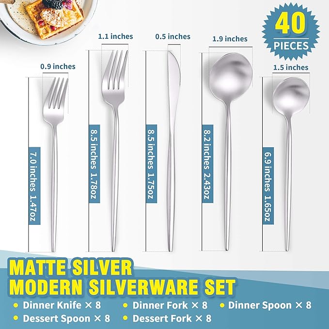 Matte Silverware Set for 8,Modern Stainless Steel Brushed Cutlery Set,40-Pieces Heavy Duty Flatware Set,Knives Spoons and Forks Set Utensils Set, Satin Finish, Dishwasher Safe-Ruum Studio Home