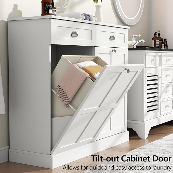 Loomie Double Tilt Out Laundry Hamper Cabinet, Hidden Laundry Cabinet with 2 Drawers & 2 Baskets, 30 Gallon Trash Can for Bathroom, Kitchen, White-Ruum Studio Home