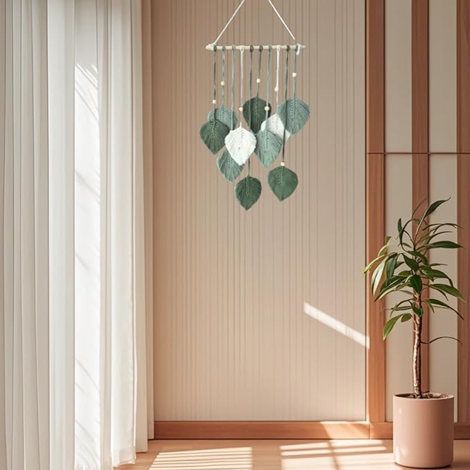 Madiffcult Macrame Wall Hanging Boho Wall Decor Woven Feather Wall Art Handmade Macrame Leaf Tapestry with Wooden Beads for Bedroom Living Room Nursery 16x27 Inch (Green)-Ruum Studio Home