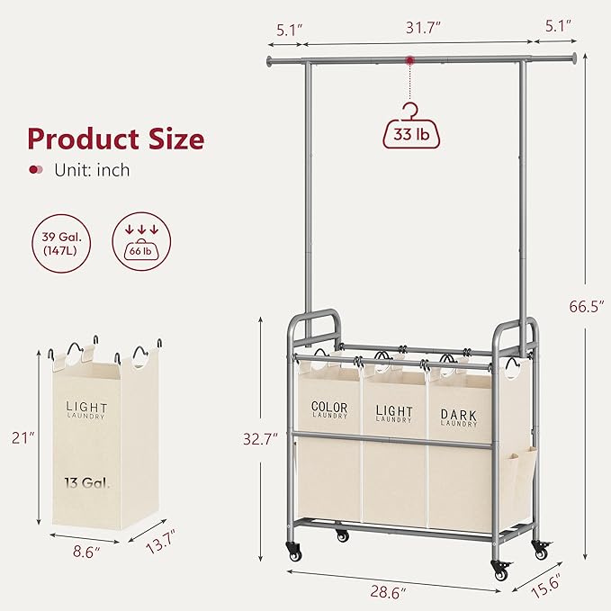 Tajsoon Laundry Hamper with Hanging Rack, 3 Section Laundry Sorter with Heavy Duty Lockable Wheels, Laundry Basket Organizer for Dirty Clothes Storage, 3 Beige-Ruum Studio Home
