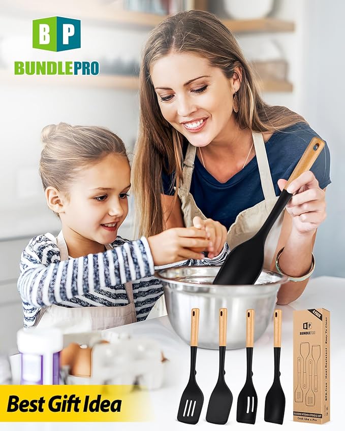 Pack of 4 Silicone Kitchen Utensils Set, Non Stick Solid Spatulas and Heat Resistant Slotted Spoons with Wooden Handle, Ideal BPA Free Cooking Utensils for Mixing,Serving,Turning,Stirring(BLACK)-Ruum Studio Home