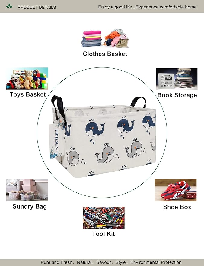 Rectangular Folding Laundry Basket,Canvas Basket,Nersury Hamper,Suitable for Children,Office,Bedroom,Clothes,Toys Storage (REC whale), 14.9’’L ×10.2’’W×9.05’’H inches-Ruum Studio Home