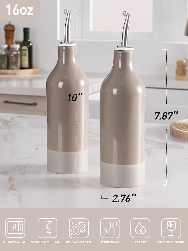 famiware Milkyway 16oz Ceramic Olive Oil Dispenser Bottle, Olive Oil and Vinegar Dispenser Bottle Set of 2 with Stainless Steel Pourers, Suitable for Storage Vinegar, Liquids, Cinnamon Brown-Ruum Studio Home