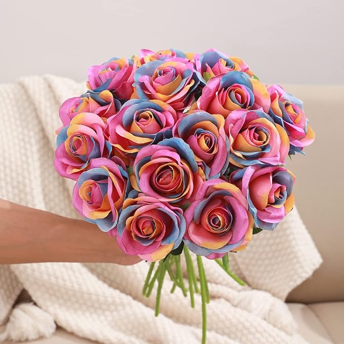 Rainbow Fake Roses Artificial Flowers - 10 Pcs Fake Artificial Roses Silk Flowers with Stems for Home Wedding Hotel Office Centerpiece Decor(Rainbow)-Ruum Studio Home