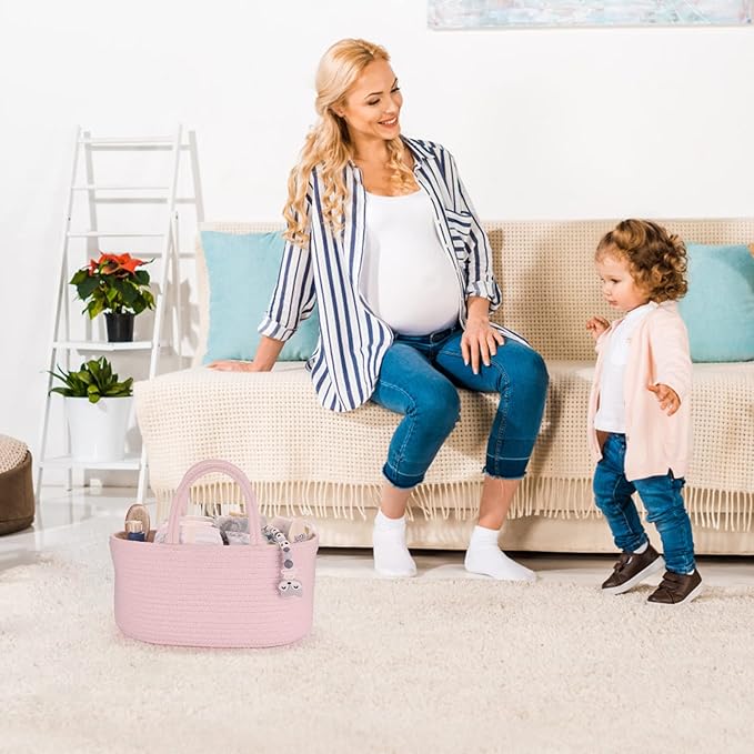 Baby Diaper Caddy Organizer for Girl Boy Rope Nursery Storage Bin Basket Portable Holder Tote Bag for Changing Table Car Travel Baby Shower Gifts Newborn Essentials Registry Must Have Items Pink-Ruum Studio Home