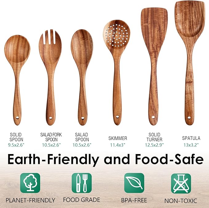 Wooden Spoons for Cooking 6 Piece - Natural Teak Wood Kitchen Utensils Set - Smooth Finish Soft Comfort-Grip Safe for Nonstick By HOWHONG-Ruum Studio Home
