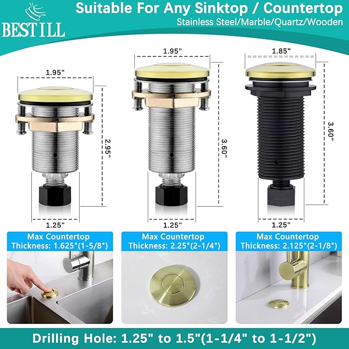 BESTILL Garbage Disposal Air Switch Kit - UL Listed, Brass 2.95" Short Sink Top On/Off Switch Button for Food Waste Disposer, Brushed Gold, Compatible with all Garbage Disposals-Ruum Studio Home
