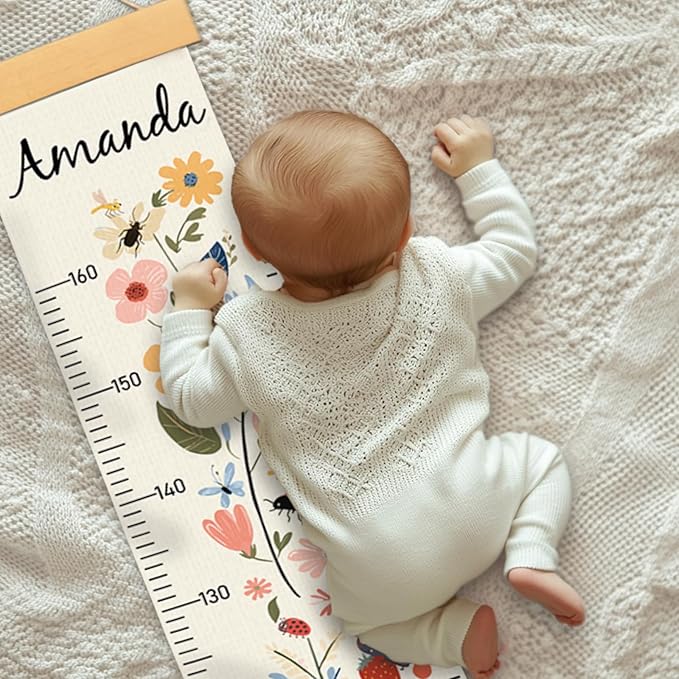 Personalized Name Growth Chart Wall Decor for Kids – Canvas Removable Height Chart Measuring Ruler 59" x 7.9" (Flowers)-Ruum Studio Home