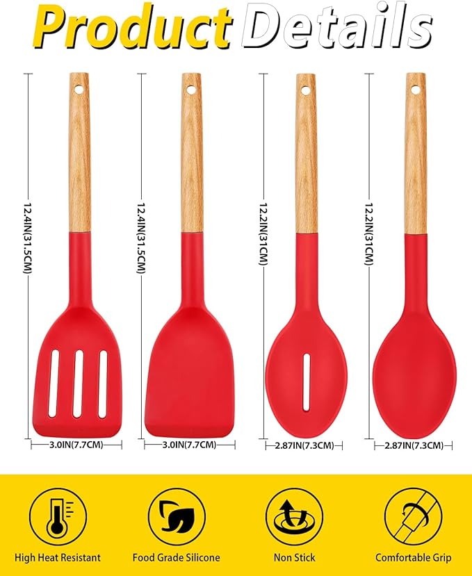 Pack of 4 Silicone Cooking Utensils Set, Non Stick Solid Spatulas and Heat Resistant Slotted Spoons with Wooden Handle, Ideal Wood Kitchen Utensils Set for Frying,Serving,Turning,Stirring (RED)-Ruum Studio Home
