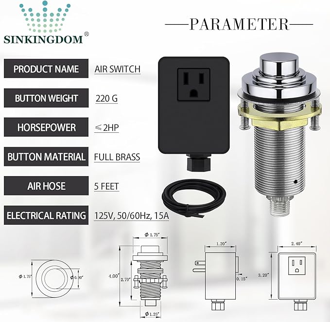 SinkTop Air Switch Kit (Long Full Brass Button) for Garbage Disposal, Cordless Chrome-Ruum Studio Home