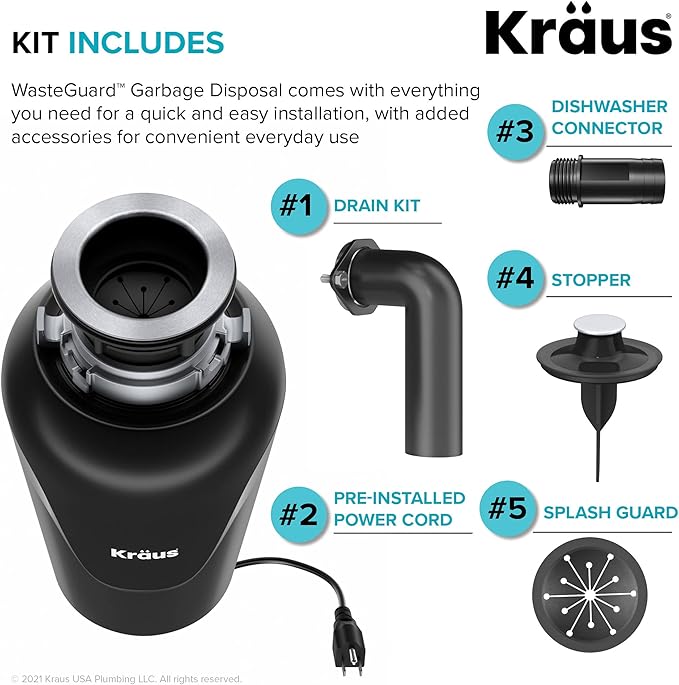 KRAUS WasteGuard 3/4 HP Ultra-Quiet Garbage Disposal with Quick Connect, Kitchen Sink Drain Cover, Power Cord and Flange Included, KWD100-75MBL-Ruum Studio Home