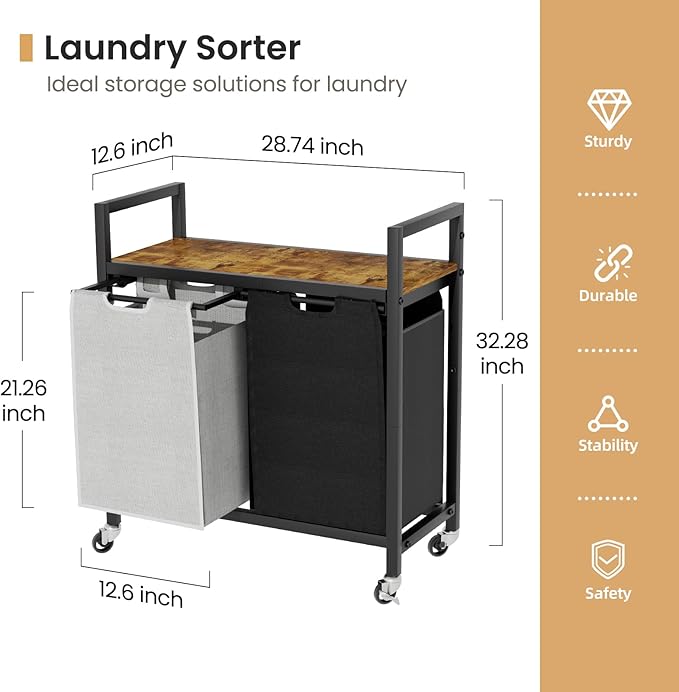 Laundry Hamper, Laundry Basket, Laundry Sorter with 2 Removable Bags, Clothes Basket with 2 Compartments, Wheels, Shelf for Laundry Room Bathroom Bedroom (2 Bags-Black Grey)-Ruum Studio Home