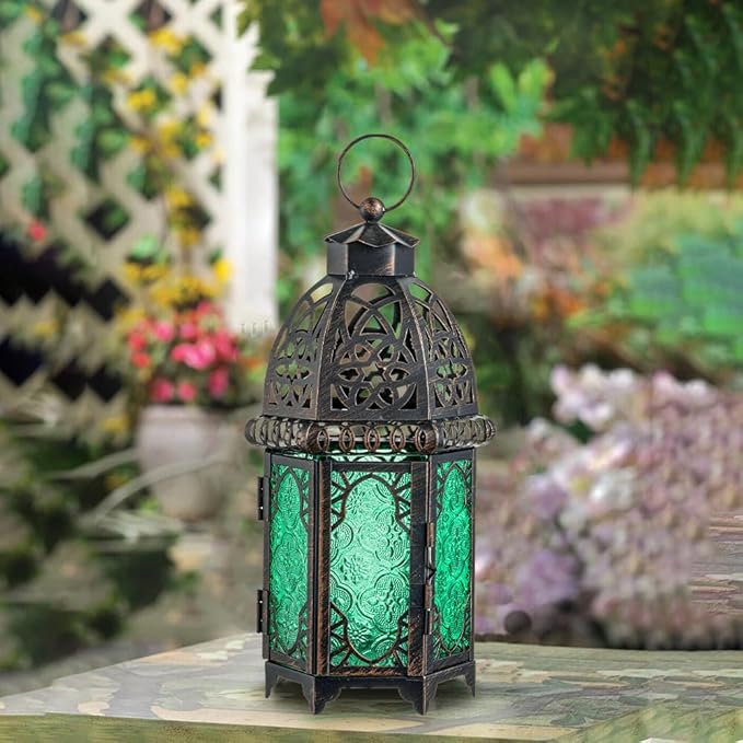 NEEDOMO Hanging Moroccan Lantern, 12.8'' Vintage Candle Holder, Metal Lanterns Decorative Indoor Outdoor, Table, Patio, Porch, Shelf, Gothic Home Decor (Green, Large Size)-Ruum Studio Home