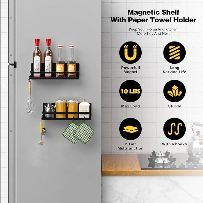 Magnetic Spice Rack Refrigerator Magnetic Shelf Fridge Organizer Space Saver Container for Kitchen/Apartment, Drill free, Black 4 Packs-Ruum Studio Home