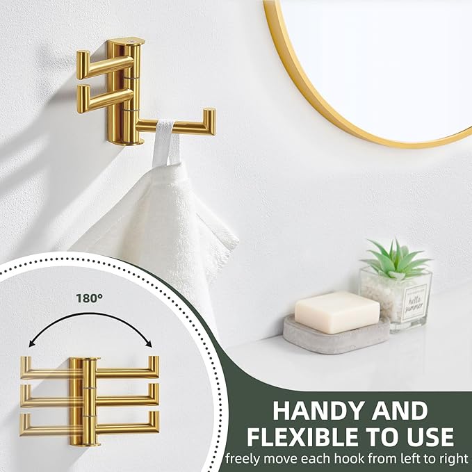 Angle Simple 3 Arms Towel Hook Brushed Gold, 304 Stainless Steel Swivel Triple Towel Holder, Folding Bathroom Hook, Wall Mount-Ruum Studio Home