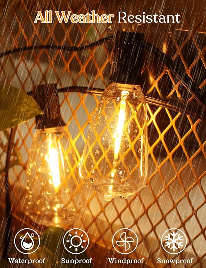 50 FT Outdoor String Lights - LED Waterproof Patio Lights with Dimmer Remote - Edison Bulbs for Porch, Backyard & Cafe/Bistro