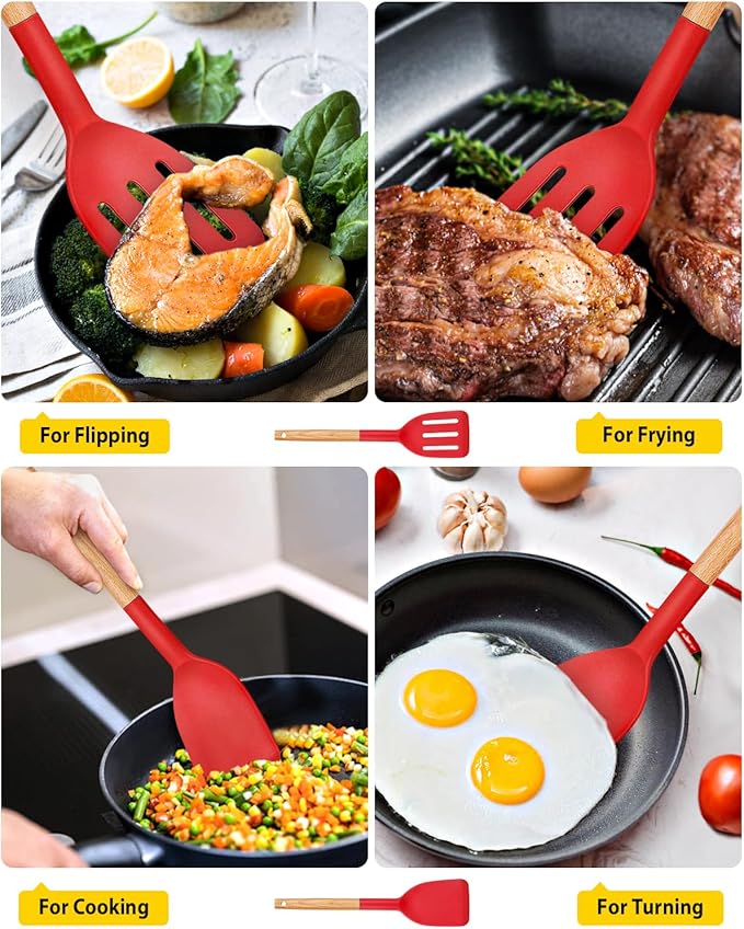 Pack of 2 Silicone Cooking Spatula, Heat Resistant Solid Turner, Non Stick Slotted Spatulas with Wooden Handle,Ideal Wood Kitchen Utensils Set for Frying, Baking, Flipping, Turning (RED)-Ruum Studio Home