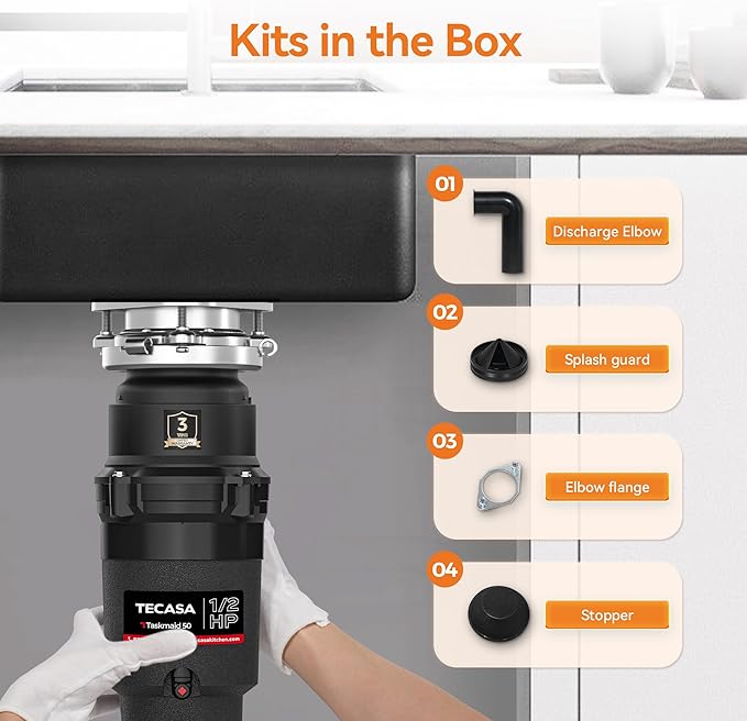 1/2 HP Garbage Disposal, TECASA Food Garbage Disposal with Power Cord, Stainless Steel Grinding System and 3-Bolt Mounting, Continuous Feed Compact Garbage Disposals, UL Certified, Taskmaid Series 50-Ruum Studio Home