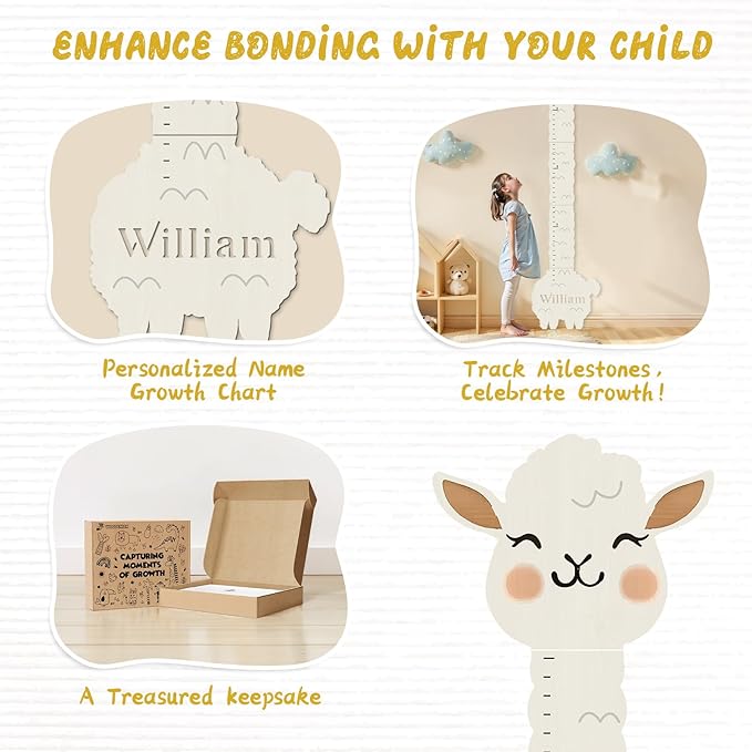 Personalized Name Height Chart for Kids, Alpaca Wood Growth Chart, Height Measuring for Children, Boy Girls Height Wall Chart Growth Measuring Ruler for Nursery Decor, Lightweight-Ruum Studio Home