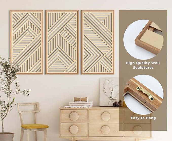 IARTTOP 3 Pieces Wood Boho Wall Art Framed Mid century Modern Wooden Wall Decor Large Minimalist Geometric Line Decor for Living Room Bedroom Office-16 x32-Ruum Studio Home