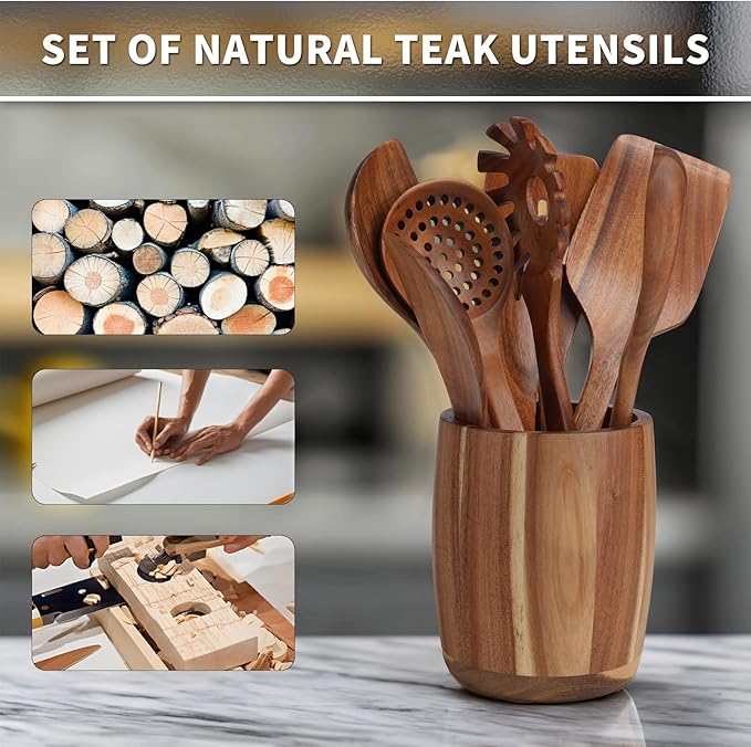 9 PCS Kitchen Utensils Set - Wooden Spoons for Cooking, Natural Teak Wooden Utensils - Includes Wooden Spoons, Spatula Set, Slotted Spoon - Handmade Wooden Spoon Set-Ruum Studio Home