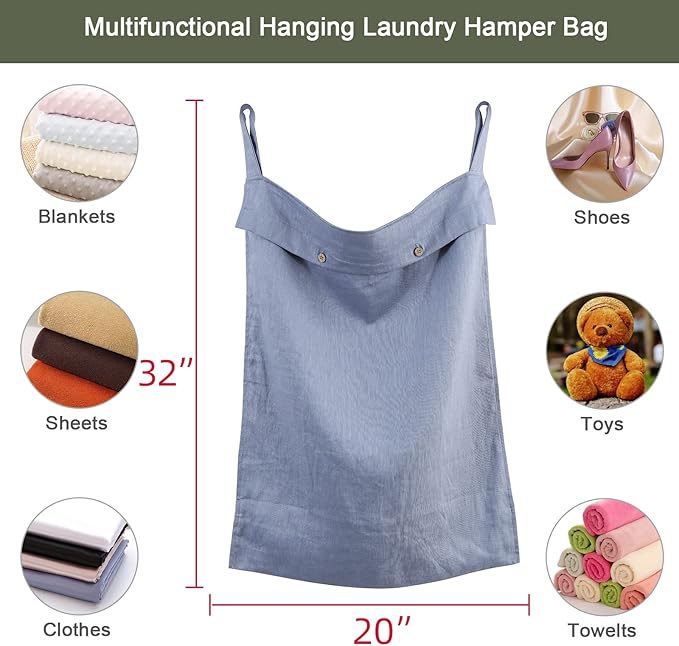 Linen Hanging Laundry Bag, 100% Linen Over The Door Laundry Hamper with Buttons and Zipper, Space Saving Door Hampers for Laundry Dirty Clothes Home Travel, Blue-Ruum Studio Home