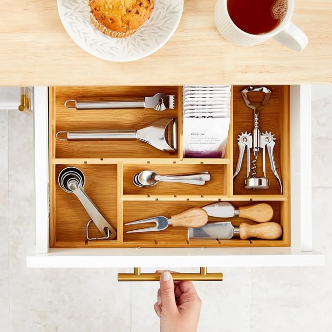 Juvale Drawer Organizer Tray - 14 x 10 x 2 In Brown Bamboo - 8 Adjustable Dividers for Custom Storage - Silverware & Utensil Organizer - Desk Drawer Divider - Versatile Wooden Divided Tray-Ruum Studio Home