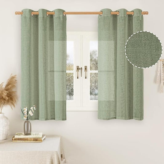 LAMIT Sage Green Linen Curtains 45 inches Length for Basement, Soft Thick Semi Sheer Light Filtering Bronze Grommet Window Treatments Decorative Drapes for Kitchen, 2 Panels Set, 34 x 45 Inch-Ruum Studio Home