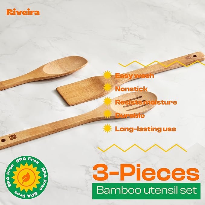 Riveira Dark Bamboo Wooden Spoons for Cooking 3-Piece, Apartment Essentials Wood Spatula Spoon Nonstick Kitchen Utensil Set Premium Quality Housewarming Gifts for Everyday Use-Ruum Studio Home