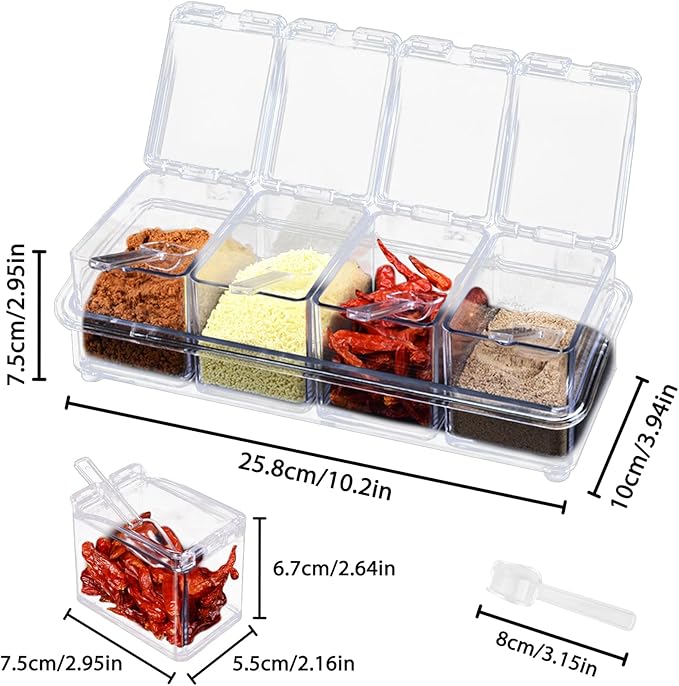 Clear Spice Containers, 4 Pieces Condiment Container with Lids for Salt Sugar, Acrylic Spice Rack Spice Container with Spoon-Ruum Studio Home