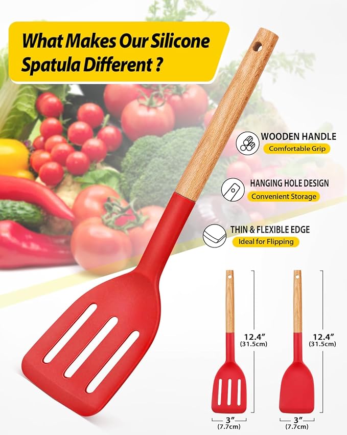 Pack of 2 Silicone Cooking Spatula, Heat Resistant Solid Turner, Non Stick Slotted Spatulas with Wooden Handle,Ideal Wood Kitchen Utensils Set for Frying, Baking, Flipping, Turning (RED)-Ruum Studio Home