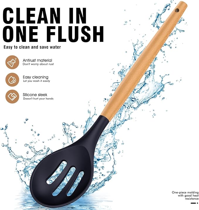 Silicone Cooking Utensils Set - Silicone Kitchen Utensils for Cooking Wooden Handles, 446°F Heat Resistant Kitchen Utensil Spatula Sets w Holder, Gadgets for Non-Stick Cookware BPA FREE (Navy Blue)-Ruum Studio Home