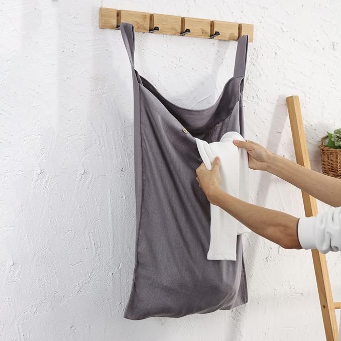 Linen Hanging Laundry Bag, 100% Linen Over The Door Laundry Hamper with Buttons and Zipper, Space Saving Door Hampers for Laundry Dirty Clothes Home Travel, Grey-Ruum Studio Home