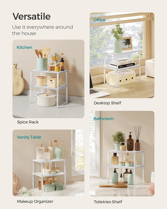 SONGMICS Cabinet Organizer Shelf, Set of 2 Kitchen Counter Shelves, Kitchen Storage, Spice Rack, Stackable, Expandable, Metal and Engineered Wood, Cloud White and Snow White UKCS02W01-Ruum Studio Home