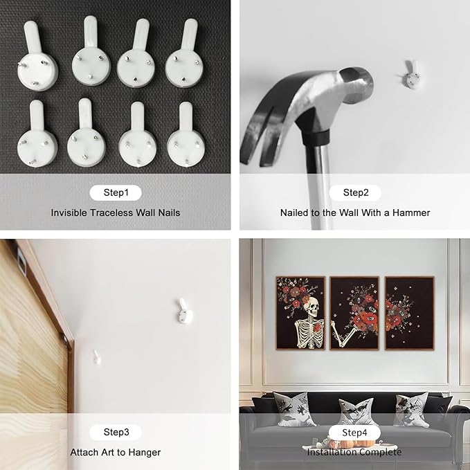 KAIRNE Gothic Skull Wall Art,Halloween Skeleton Canvas Set of 3(16”x24”),Scary Skull Painting,Horror Floral Botanical Prints,Romantic Spooky Halloween Wall Art for Living Room Bedroom Goth Party Decor-Ruum Studio Home