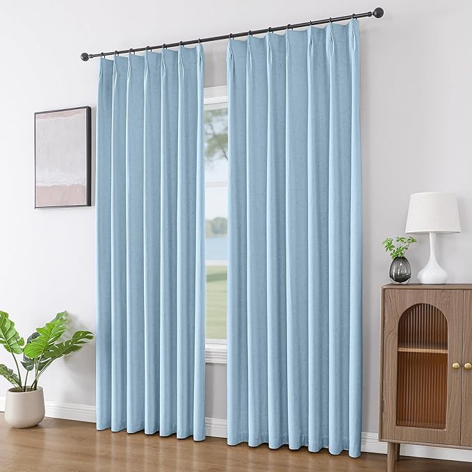 Joydeco Pinch Pleated Linen Curtains Darkening Drapes for Bedroom, 100% Blackout Drapes 96 inches Long 2 Panels Heat Blocking Curtains(Chambray Blue,40'' Wx96'' L)-Ruum Studio Home