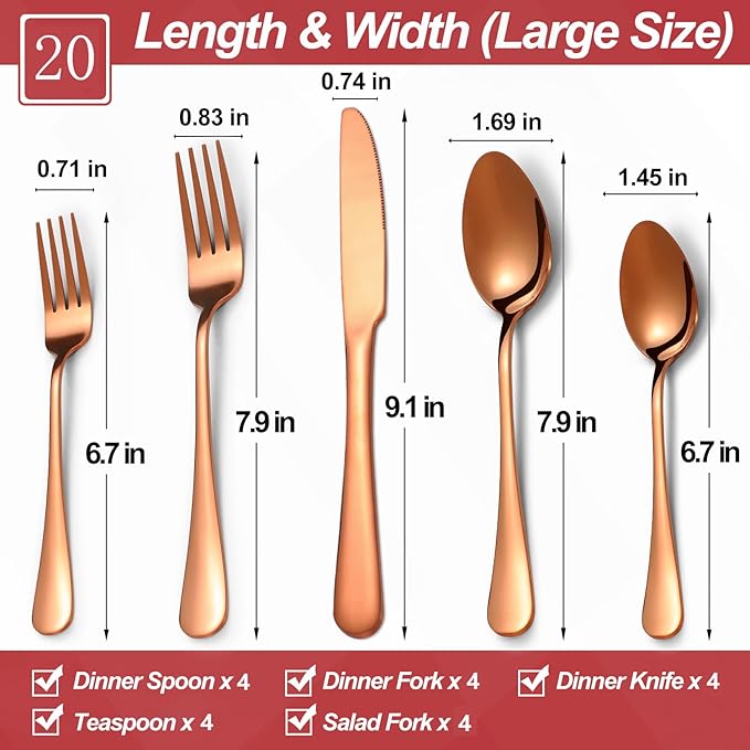 20 Pcs Rose Gold Silverware Set for 4, Food Grade Stainless Steel Flatware Set, Eating Utensils Sets Include Fork/Knife/Spoon,Home Kitchen Tableware Set, Reusable Cutlery Set, Dishwasher Safe-Ruum Studio Home
