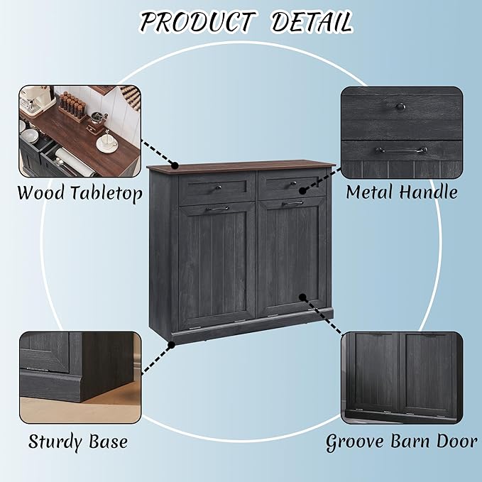 Double Tilt Out Laundry Hamper Cabinet, 20 Gallon Farmhouse Trash Can Cabinet with Drawer, Hidden Wood Garbage Can Bin Cabinet with Laundry Storage Basket for Bathroom, Kitchen, Dark Grey-Ruum Studio Home