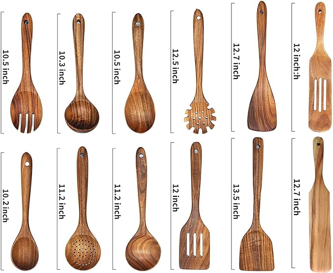 12 Pack Wooden Spoons for Cooking - Natural Teak Kitchen Utensils Set with Spatulas-Ruum Studio Home