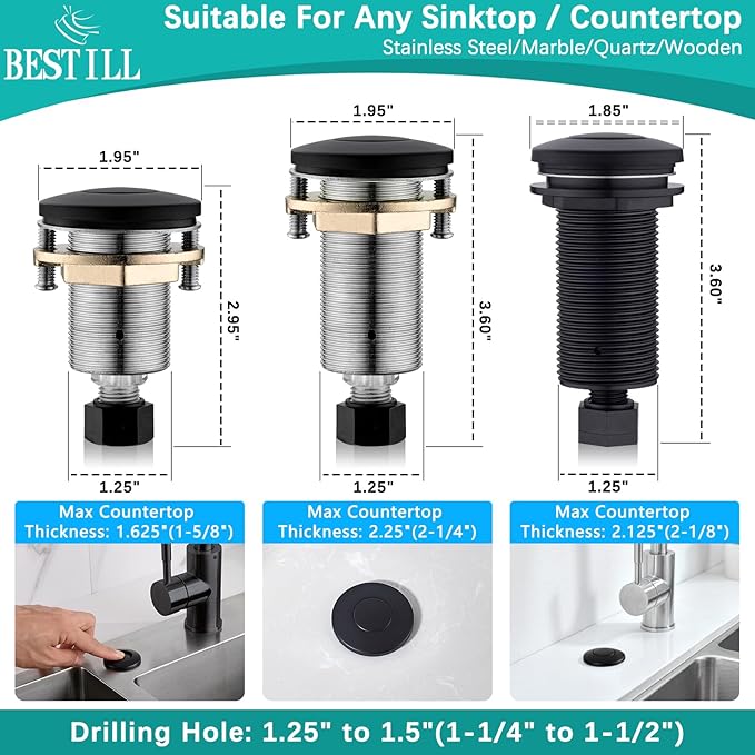 BESTILL Garbage Disposal Sink Top Air Switch Kit with Single Outlet, Matte Black 3.6" Long Push Button with Brass Cover, UL Listed, Compatible with all Garbage Disposals-Ruum Studio Home