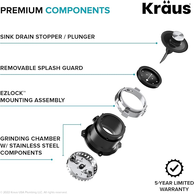 KRAUS WasteGuard 1/3 HP Ultra-Quiet Garbage Disposal with Quick Connect, Kitchen Sink Drain Cover, Power Cord and Flange Included, KWD100-33MBL-Ruum Studio Home