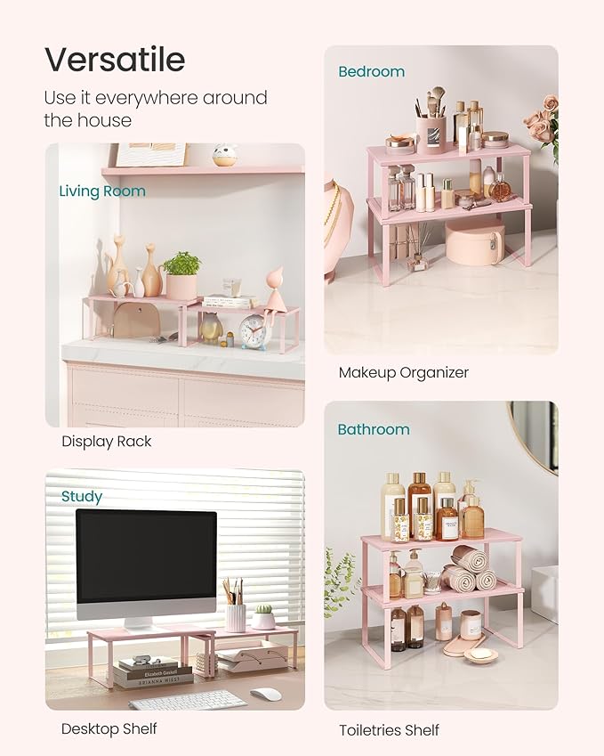 SONGMICS Cabinet Organizer Shelf, Set of 2 Kitchen Counter Shelves, Kitchen Storage, Spice Rack, Stackable, Expandable, Metal and Engineered Wood, Jelly Pink UKCS025S01-Ruum Studio Home