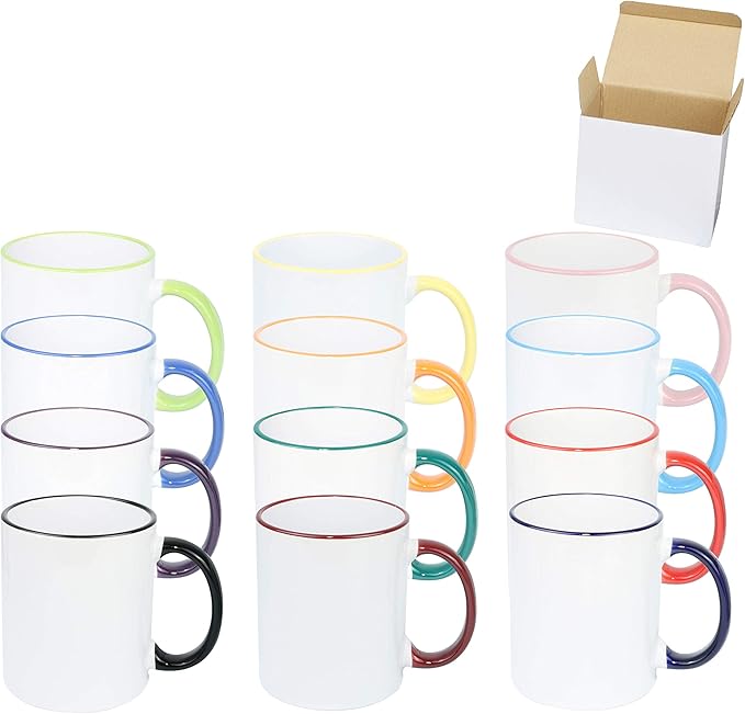 11oz White Ceramic Sublimation Coffee Mug in White Gift Box, 12 Mixed Colors Banded, Case of 12-Ruum Studio Home