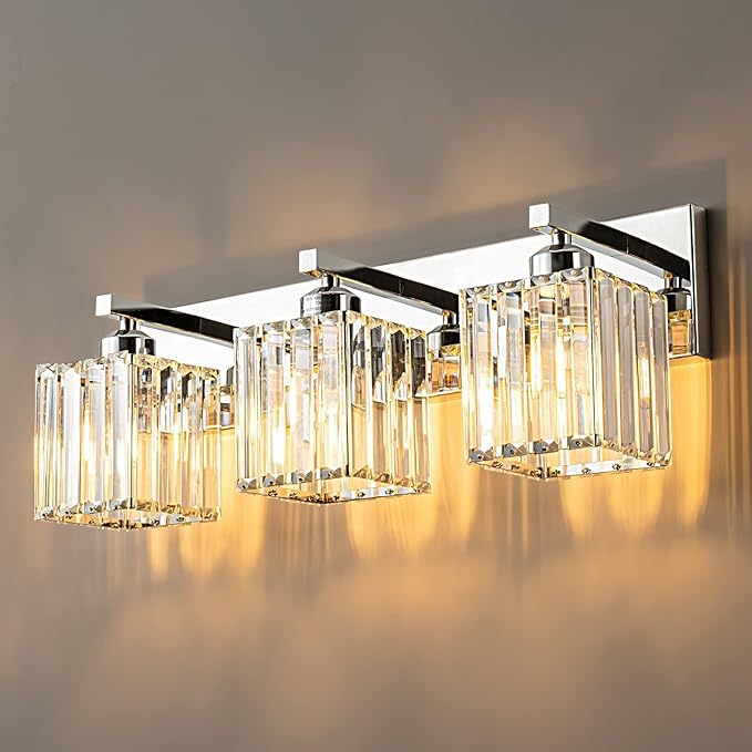 Modern Bathroom Vanity Light 3-Lights Chrome Crystal Bathroom Wall Light Vanity Light Fixtures,20.47-inch Modern Minimalist Design