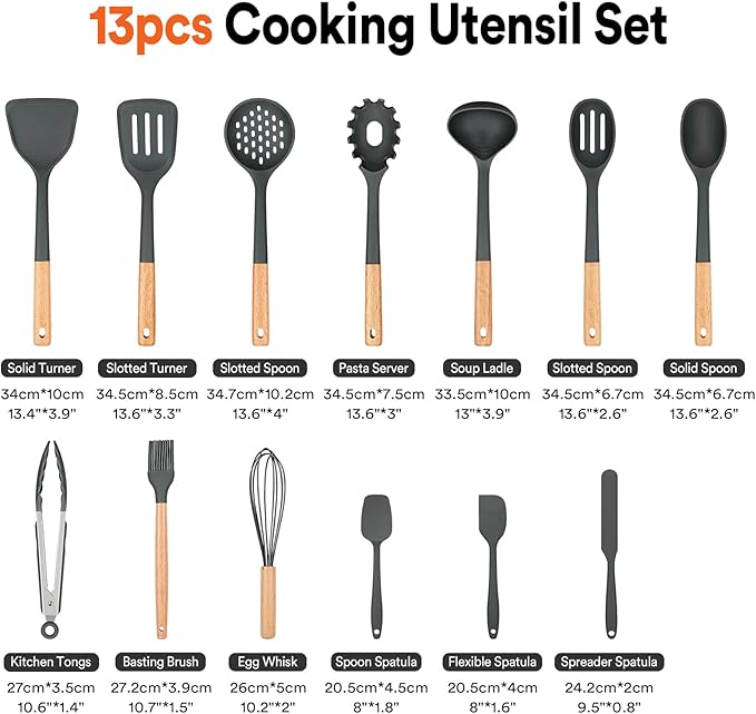 Kitchen Utensils Set, 13PCS Silicone Cooking Utensils, Heat Resistant Kitchen Utensil Spatula Set for Nonstick Cookware, Wooden Handles Kitchen Gadgets Tools Set-Ruum Studio Home