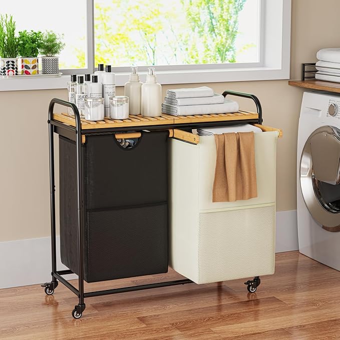 Laundry Hampers 2 Section, Laundry Sorter with Removable Shelf and Pull-Out Bags, Clothes Hampers with Wheels Rolling Cart Basket for Laundry Room Bathroom, 2 x 50 L (Black White)-Ruum Studio Home