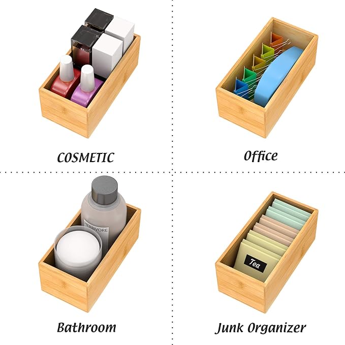 Bamboo Drawer Organizer Utensil Holder for Kitchen, Small Wood Silverware Storage Organizer, Stackable Box Tray for Cutlery, Flatware, Bathroom Caddy for Makeup, Perfume, Jewelry, 6x3x2.5 Inch-Ruum Studio Home