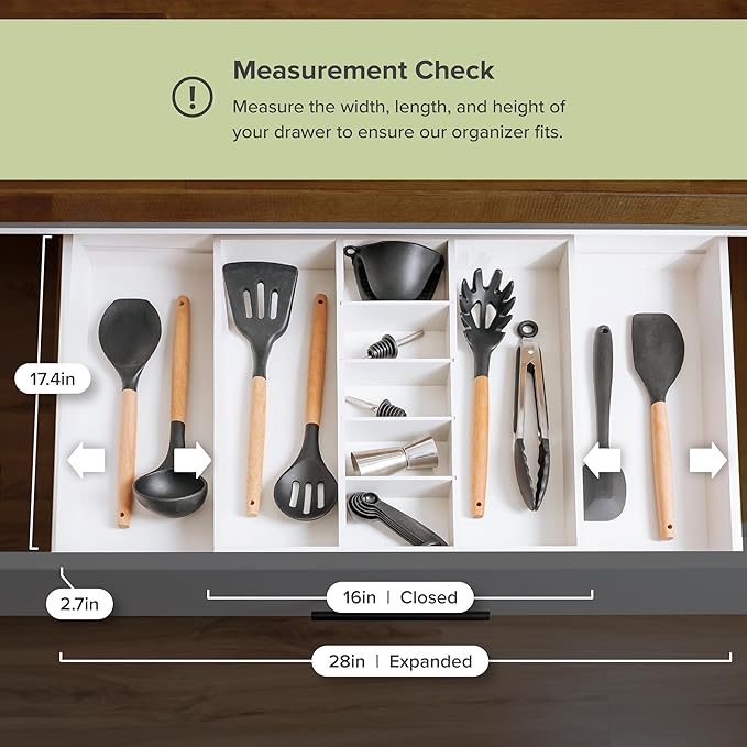 Adjustable Kitchen Drawer Organizer for Utensils and Junk, Food-Safe Contract Grade with 100% Sustainable Wood, Expandable from 16 to 28 Inches Wide - White Bamboo-Ruum Studio Home