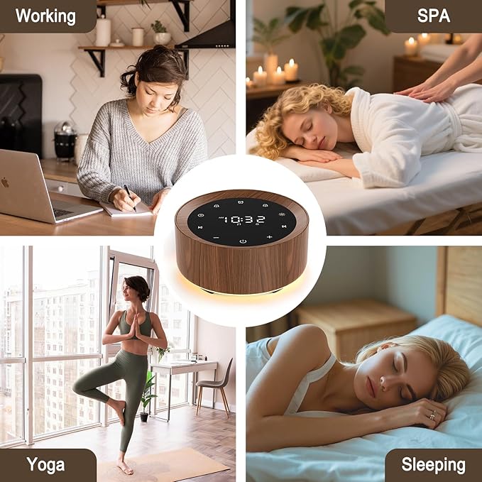 White Noise Sound Machine Alarm Clock 7 Color Night Light Sound Machine for Adult/Baby 20 Soothing Sound 31 Level Volume 6 Level Screen Brightness 5 Timer Set Memory Function Touch Control Wood Grain-Ruum Studio Home